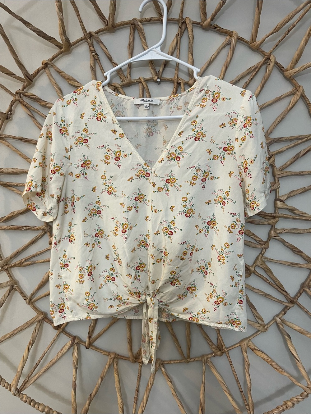 Madewell Tie-Front V-Neck Top - Cream Floral Small - Picture 2 of 6